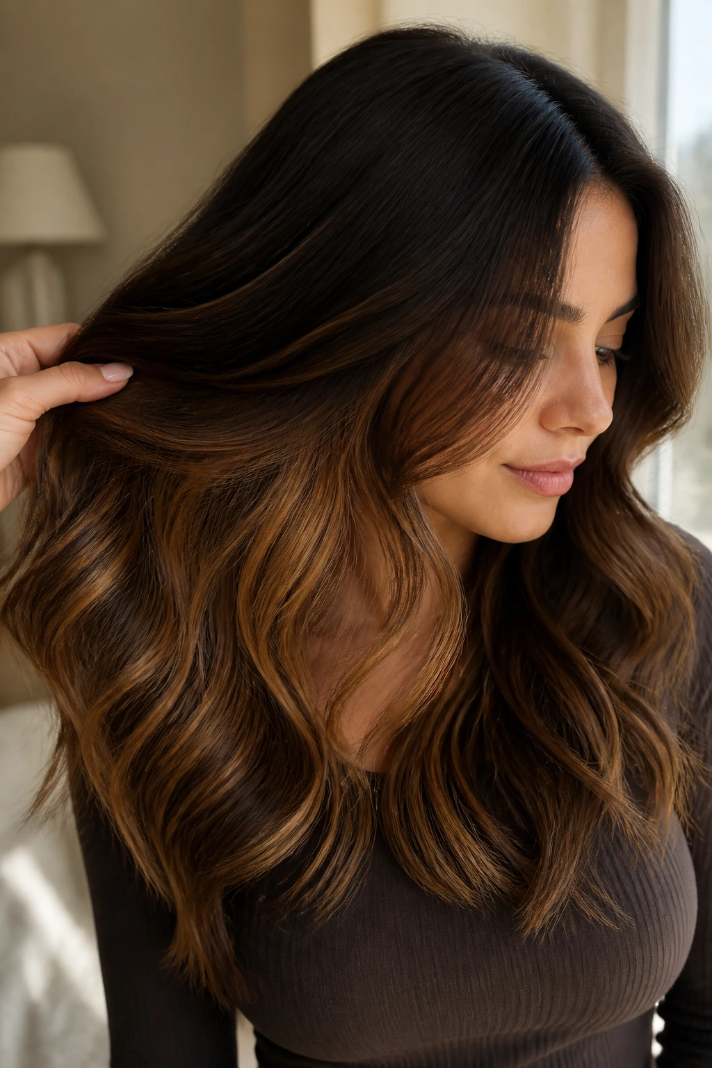 Close-up of chocolate brown hair with honey balayage underlayer on a real person