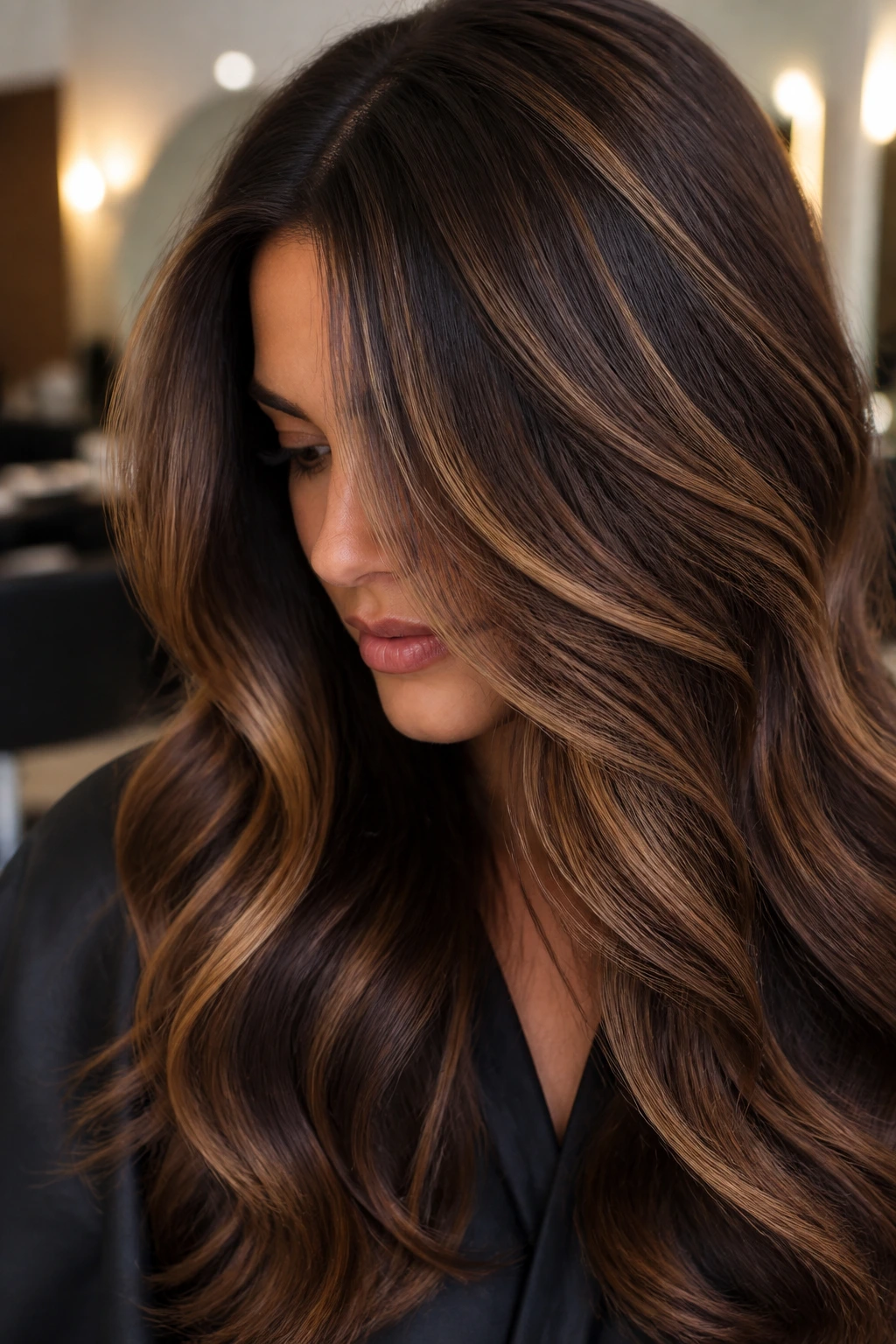 Close-up of thick brunette hair with chocolate and hazelnut slice highlights