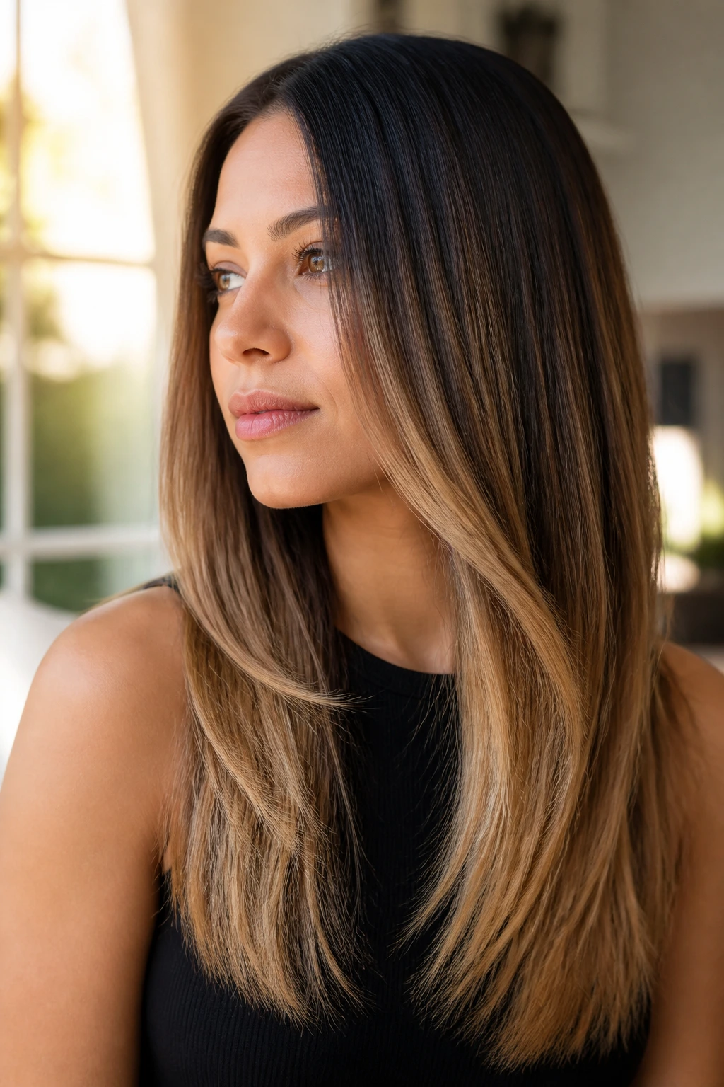 Close-up portrait of a real woman with chocolate to honey blonde ombre on straight hair, warm window light