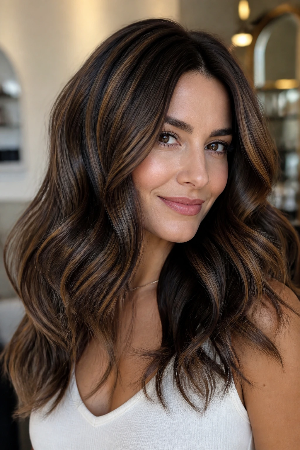Close-up of brunette with chocolate lowlights weaving through hair