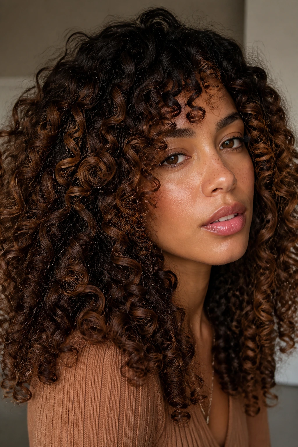 Close-up of curly hair with chocolate lowlights defining curls