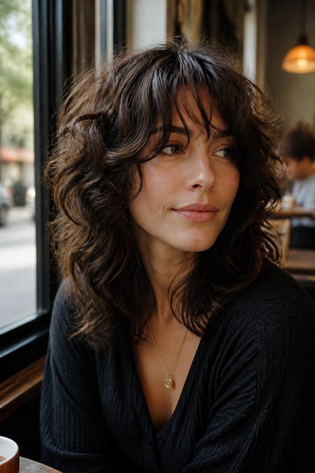 Portrait of a real person with chocolate-brown curls and a face-framing fringe