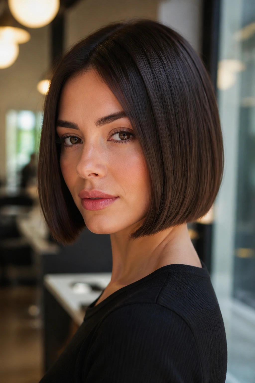 Close-up portrait of a real woman with a blunt chocolate bob hairstyle