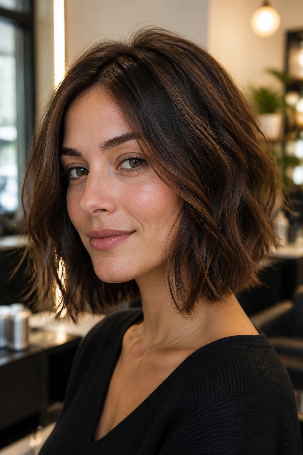 Portrait of a real woman with a textured shoulder-length bob