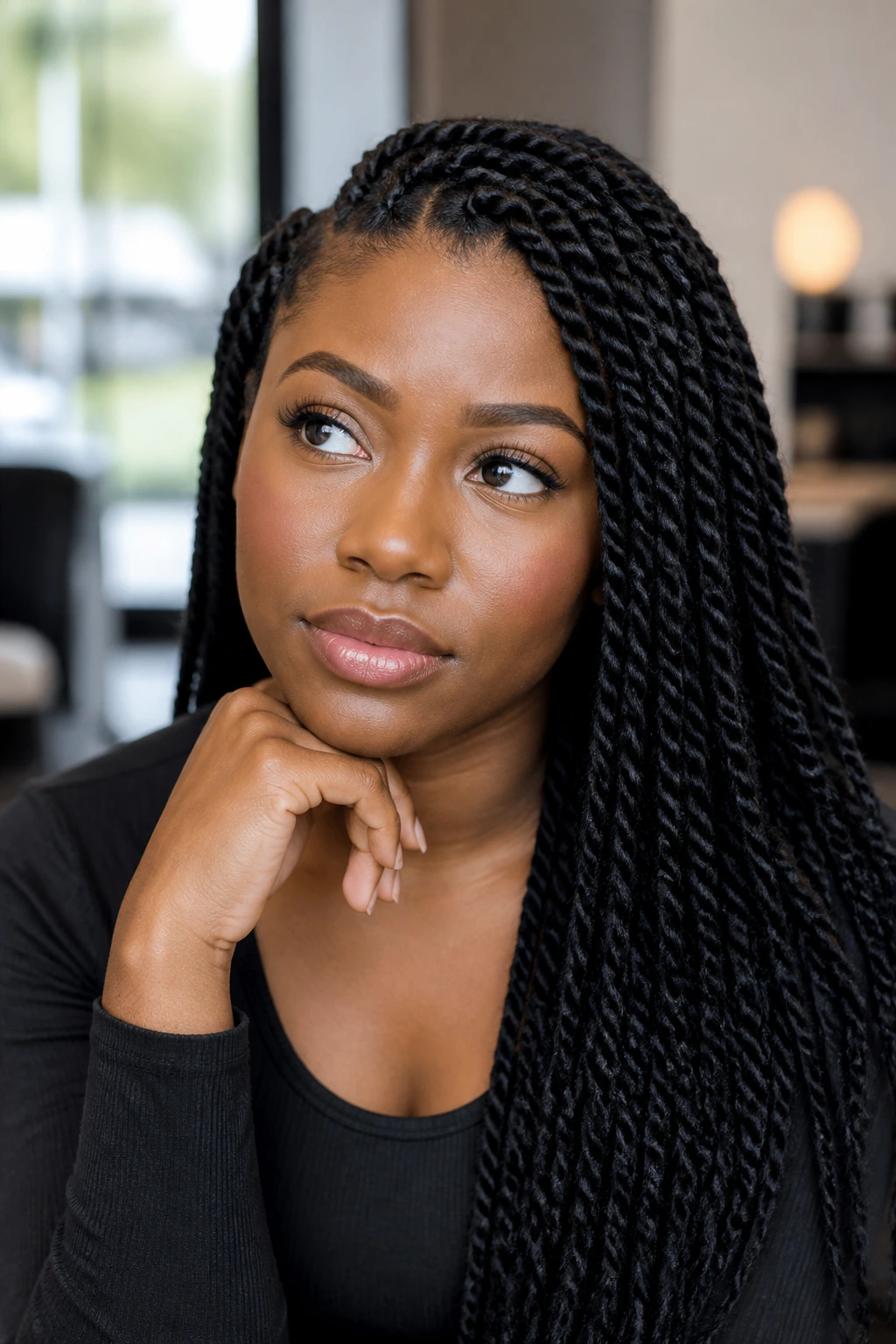 Portrait of a woman with Senegalese twists looking thoughtful
