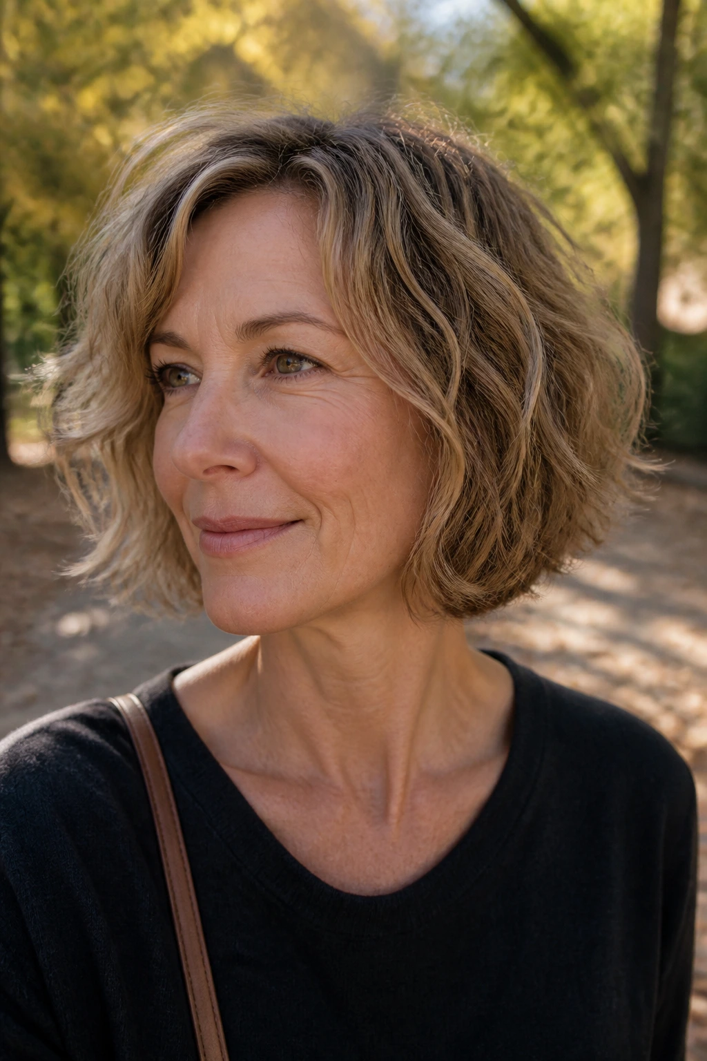 Portrait of a real woman with a choppy air-dry bob showing textured ends.
