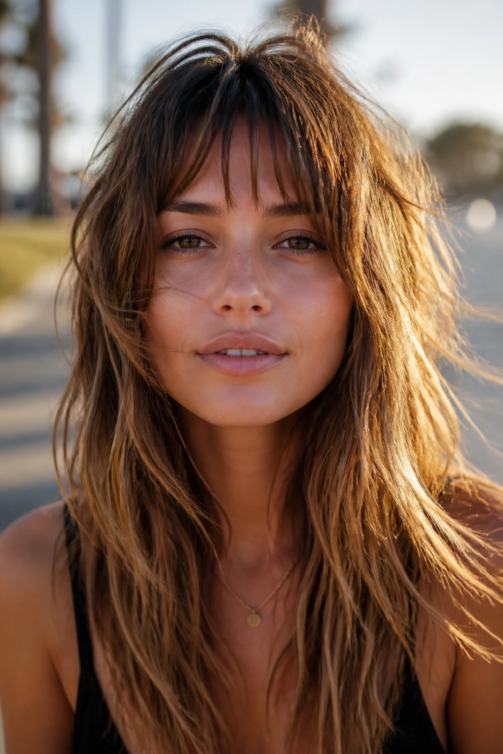 Close-up portrait of a real person with choppy bangs and beachy texture