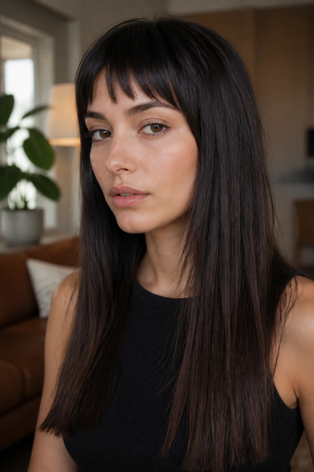 Close-up portrait of a real woman with choppy bangs and blunt long ends in warm daylight.