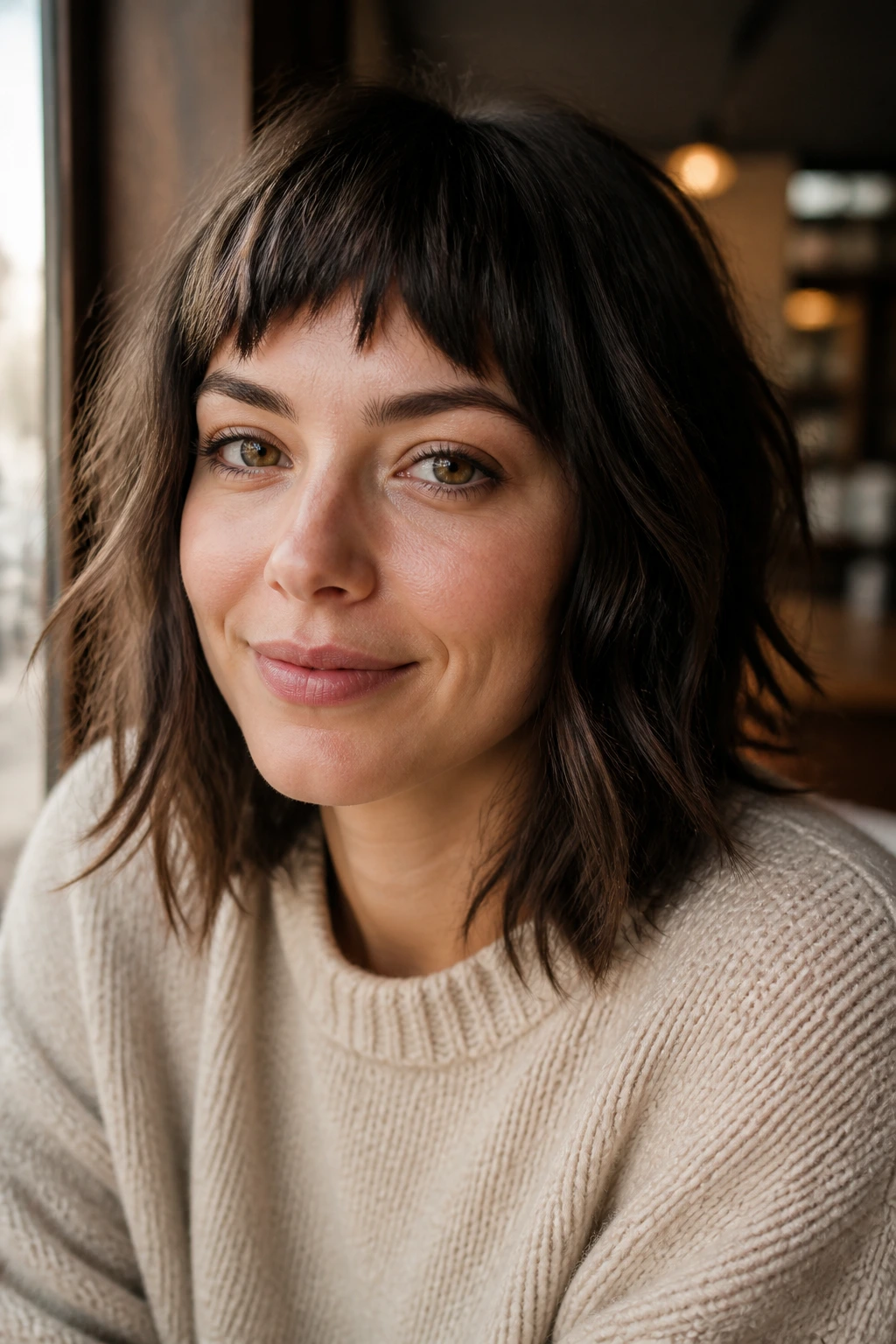 Close-up portrait of a real woman wearing choppy bangs with a broken edge