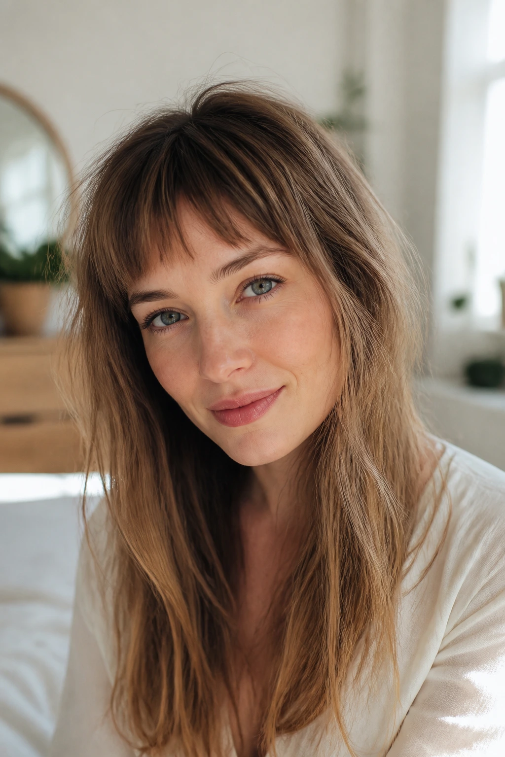 Close-up portrait of a real woman with fine hair and short choppy bangs in bright morning light.