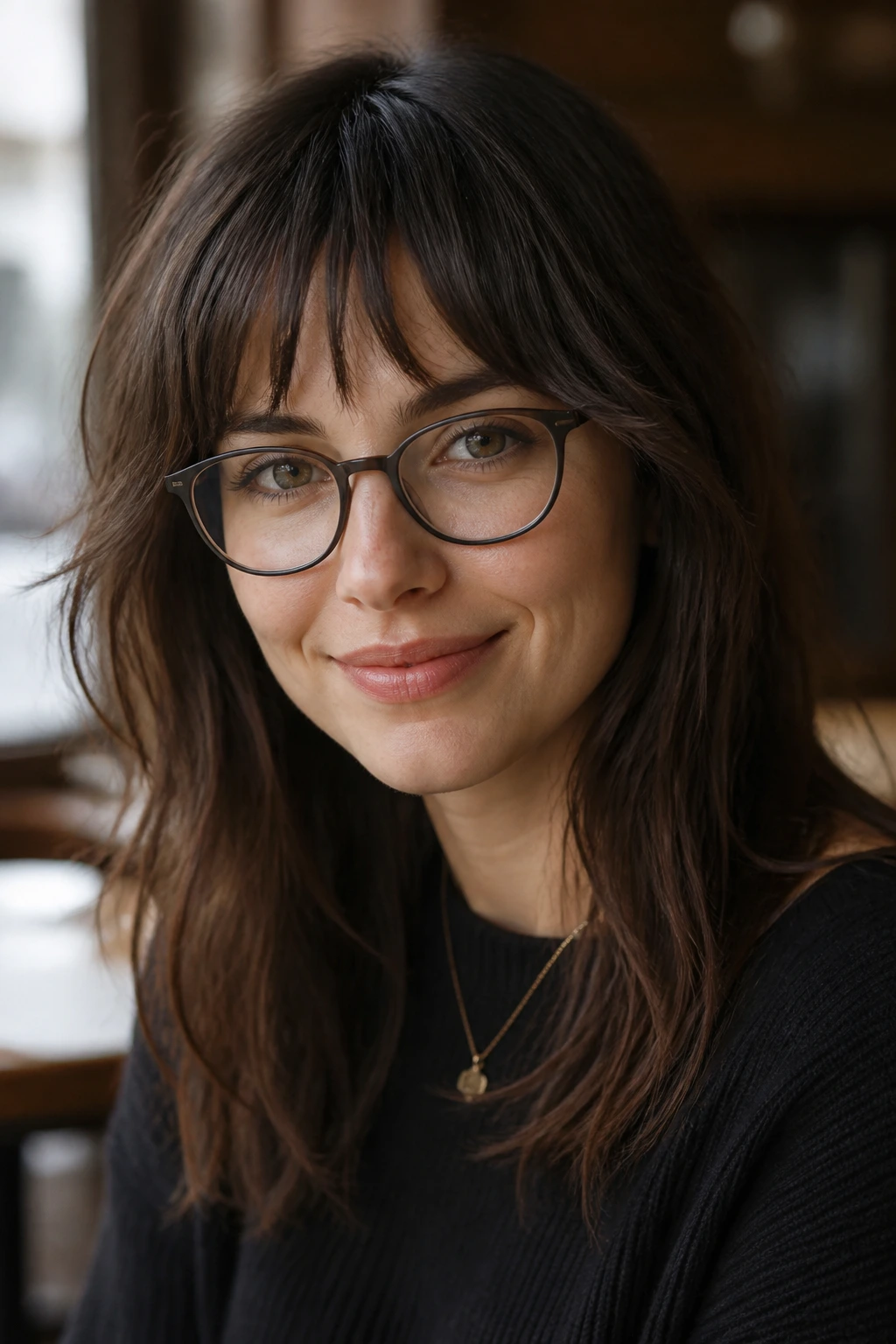 Close-up of a real woman with choppy bangs and glasses