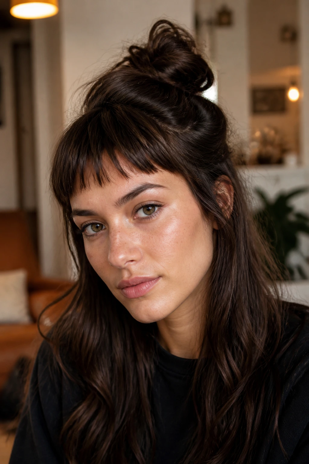 Close-up portrait of a real woman with choppy bangs and a half-up knot in warm indoor light.