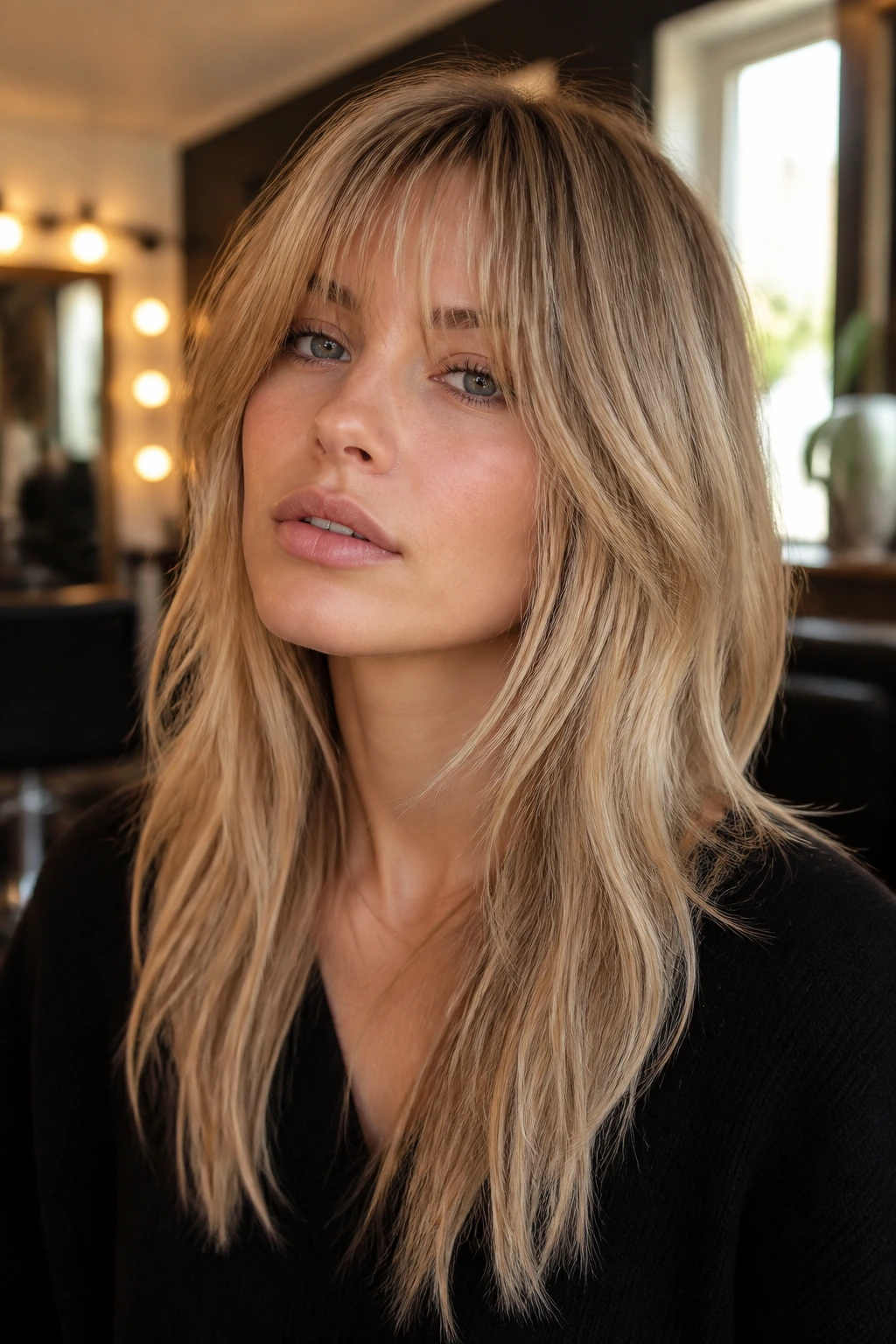 Close-up portrait of a real woman with choppy light bangs and long frame pieces.
