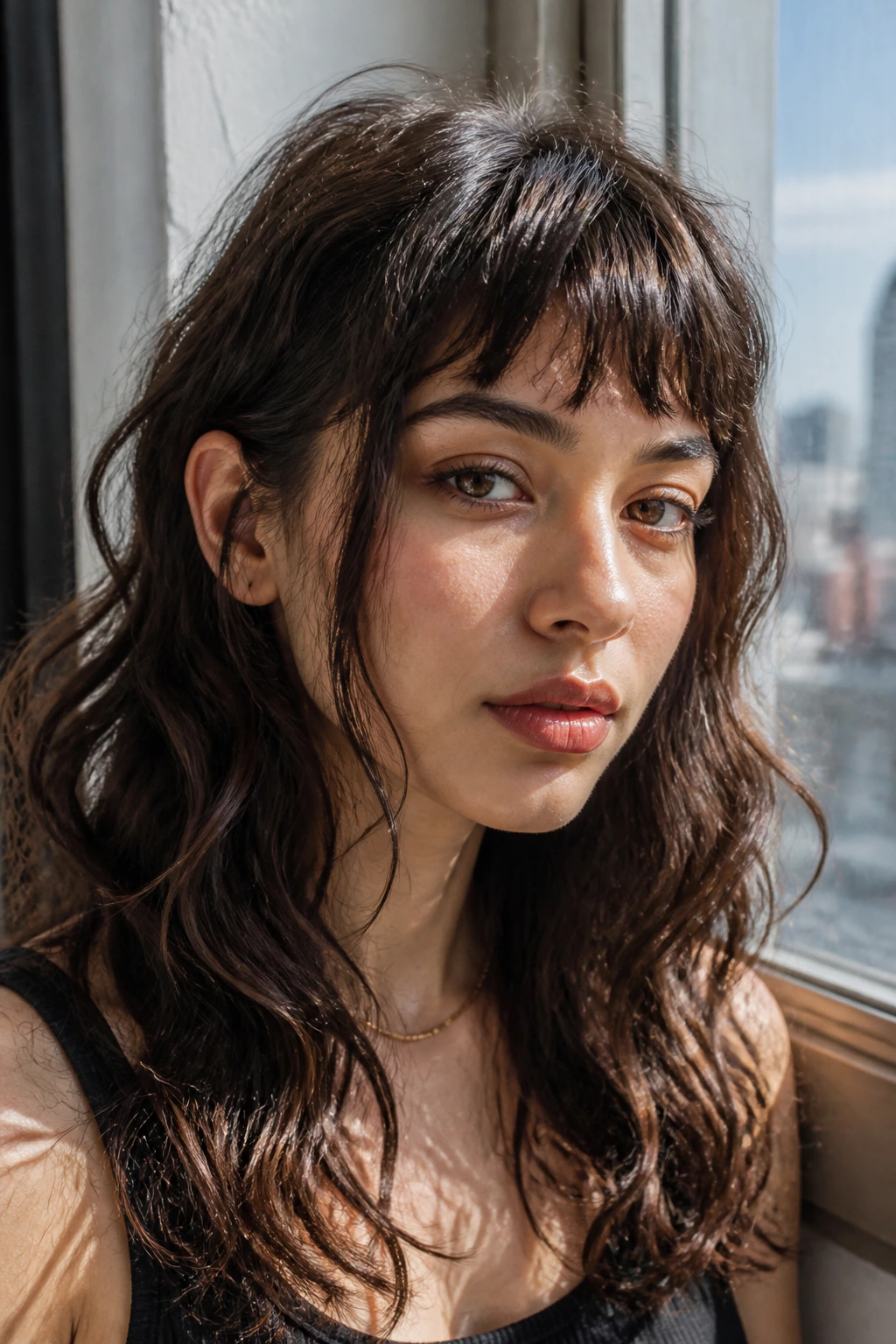 Close-up portrait of a woman with choppy bangs and long face-framing pieces on thick waves