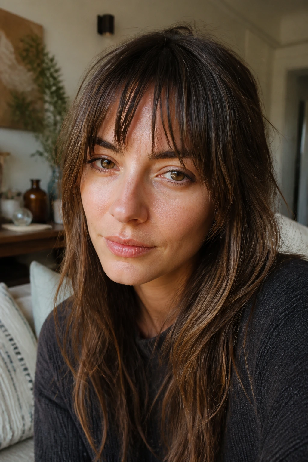Close-up of a woman with choppy piecey French-girl bangs