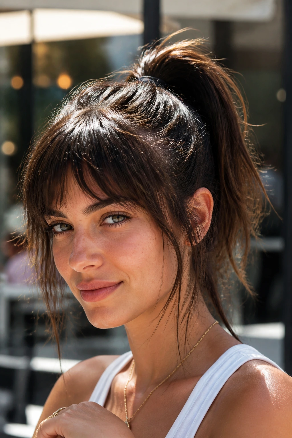 Close-up portrait of a real woman with a high ponytail and choppy bangs in outdoor light.