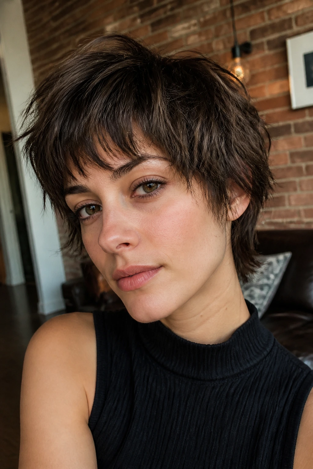 Close-up of a real person with choppy textured bangs on a shaggy crop in a brick-walled room.