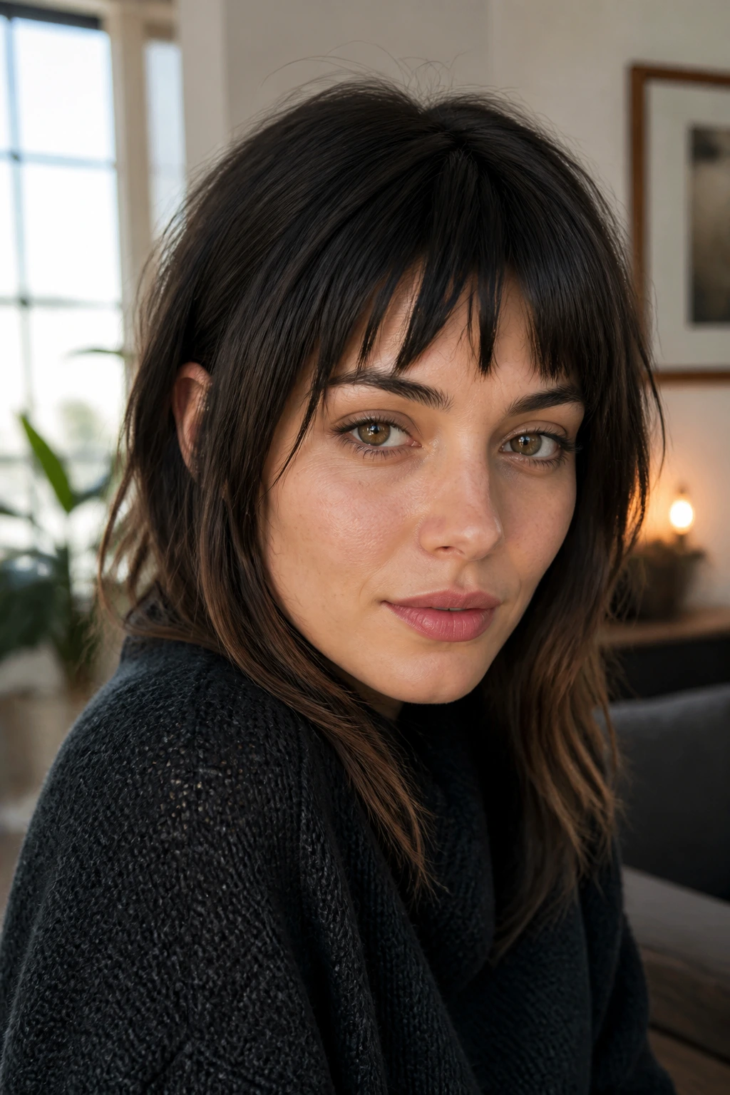 Close-up of a real woman with choppy bangs in a textured fringe.