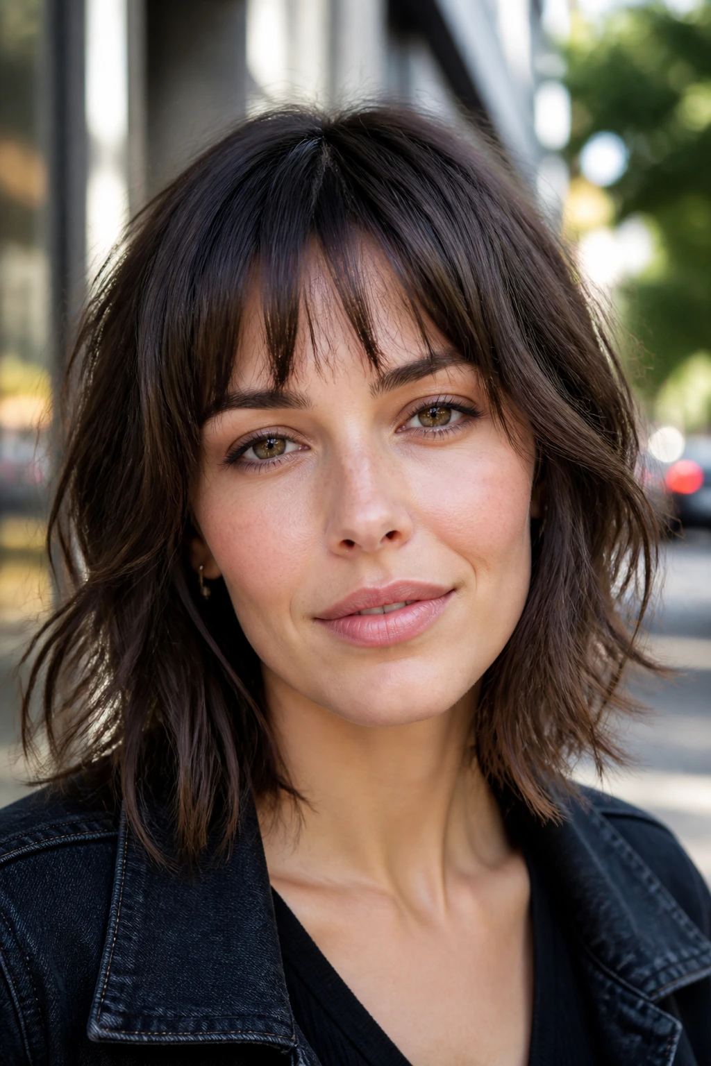 Close-up of a real woman with choppy textured bangs and gaps