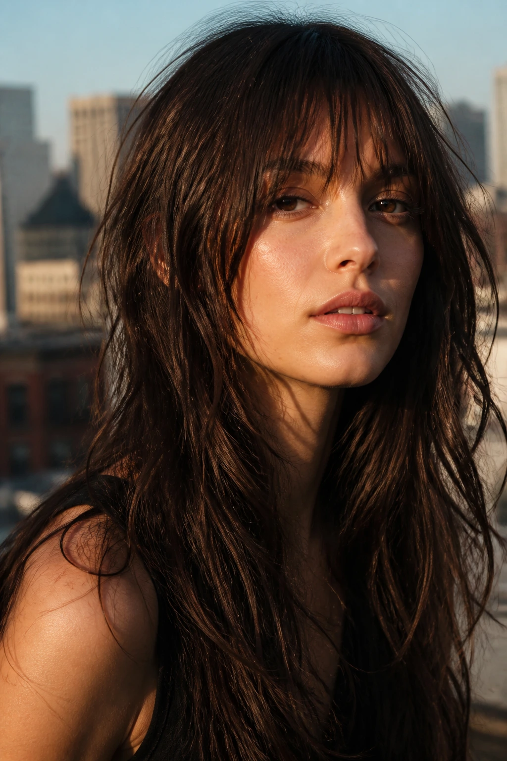 Portrait of a real woman with choppy textured bangs and long hair in an urban setting
