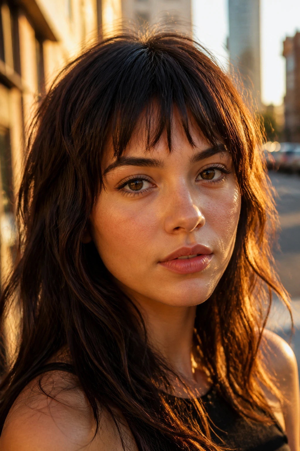 Close-up of a real woman with choppy, textured bangs