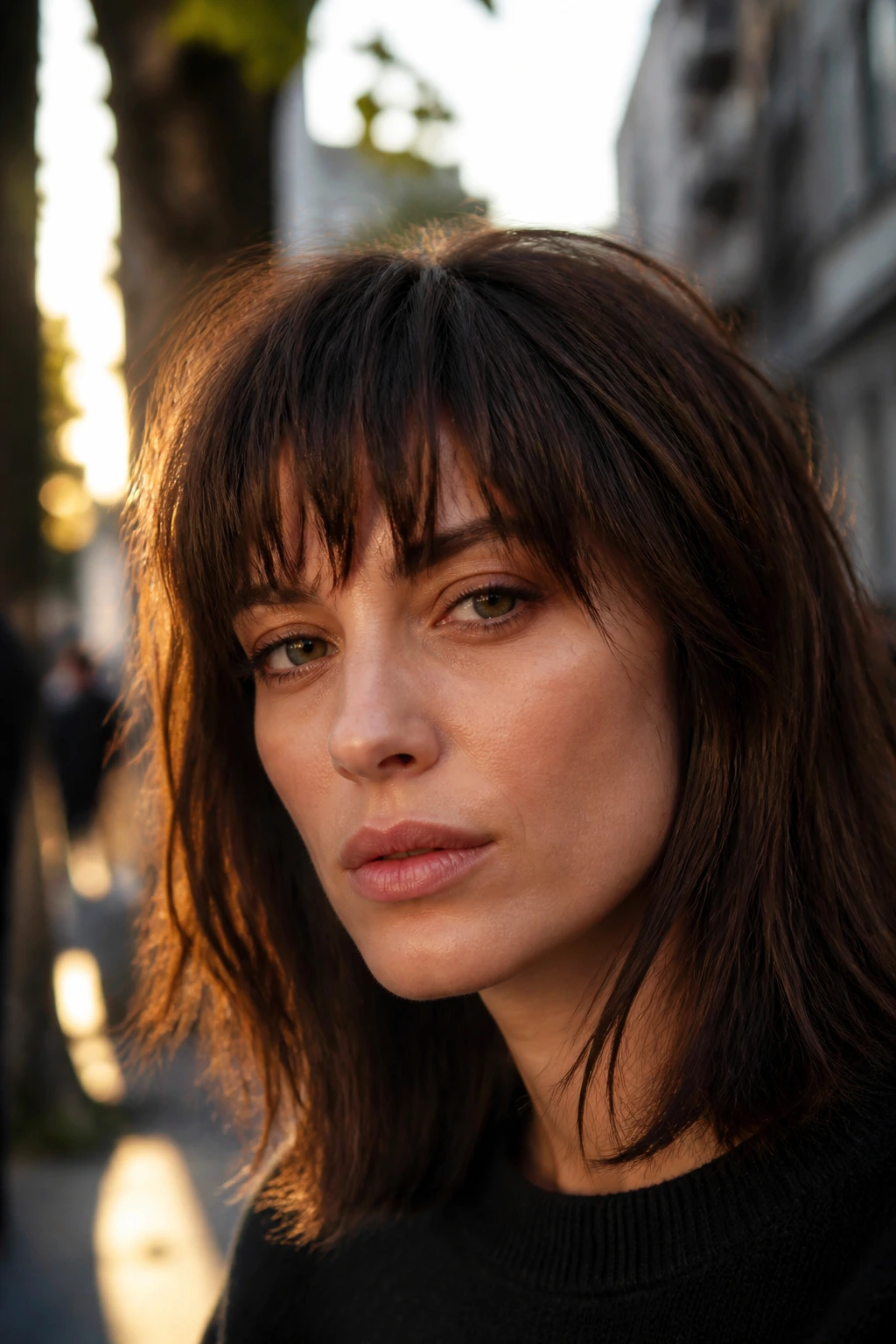 Close-up portrait of a real person with choppy textured bangs and broken ends