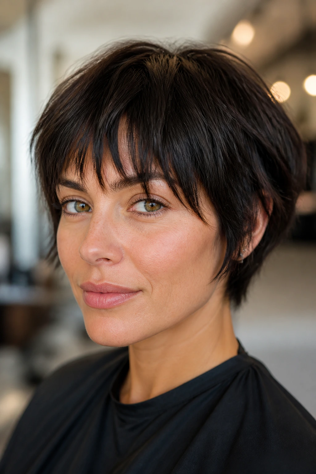 Close-up portrait of real person with thick short hair and choppy bangs in a bright salon