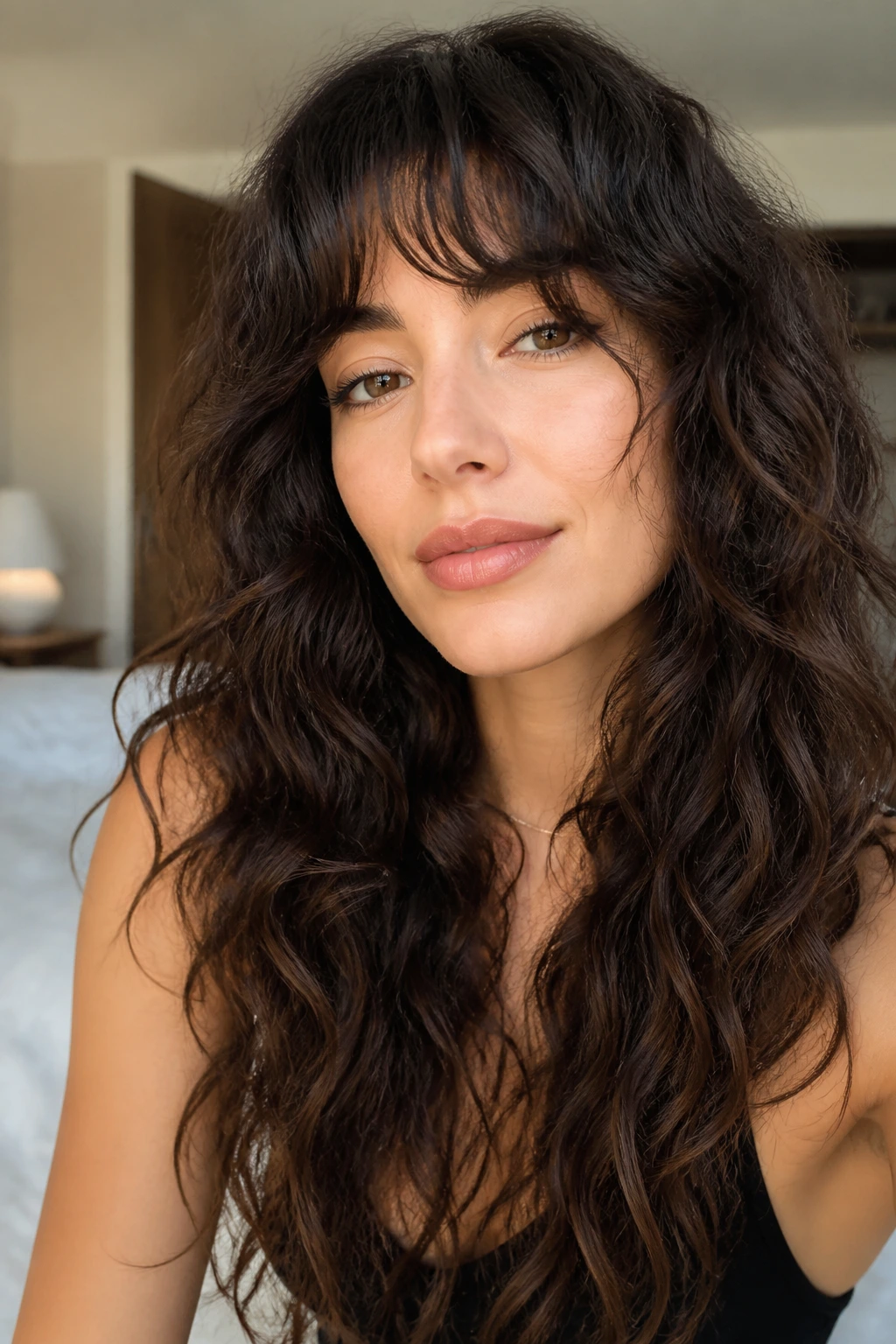 Close-up portrait of a real woman wearing choppy bangs on thick wavy hair