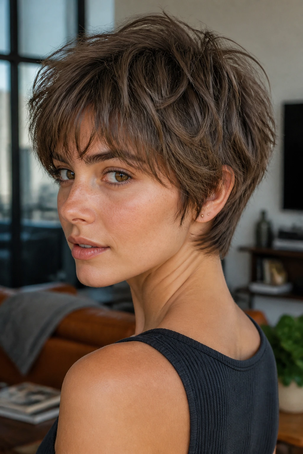 Portrait of a real woman with a choppy bixie cut.