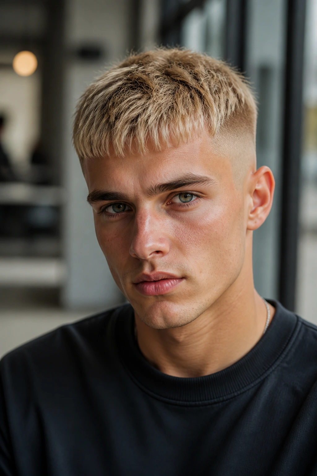 Close-up of a real person with choppy blonde Caesar fade and forward fringe
