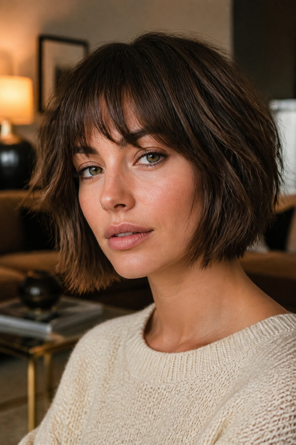 Close-up of a real woman with a choppy blunt bob and feathered bangs in warm interior lighting