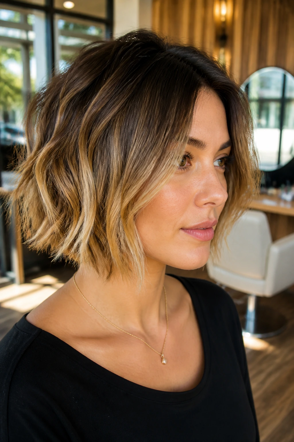 Close-up portrait of a real woman with a choppy bob balayage in a warm salon
