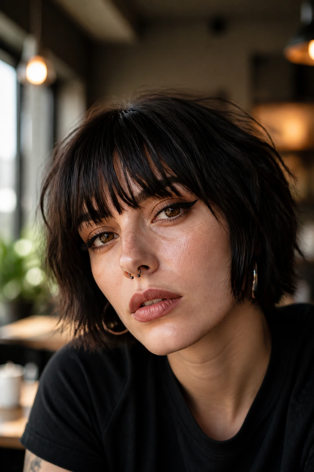 Close-up portrait of a real woman with a choppy bob and eyebrow-grazing bangs