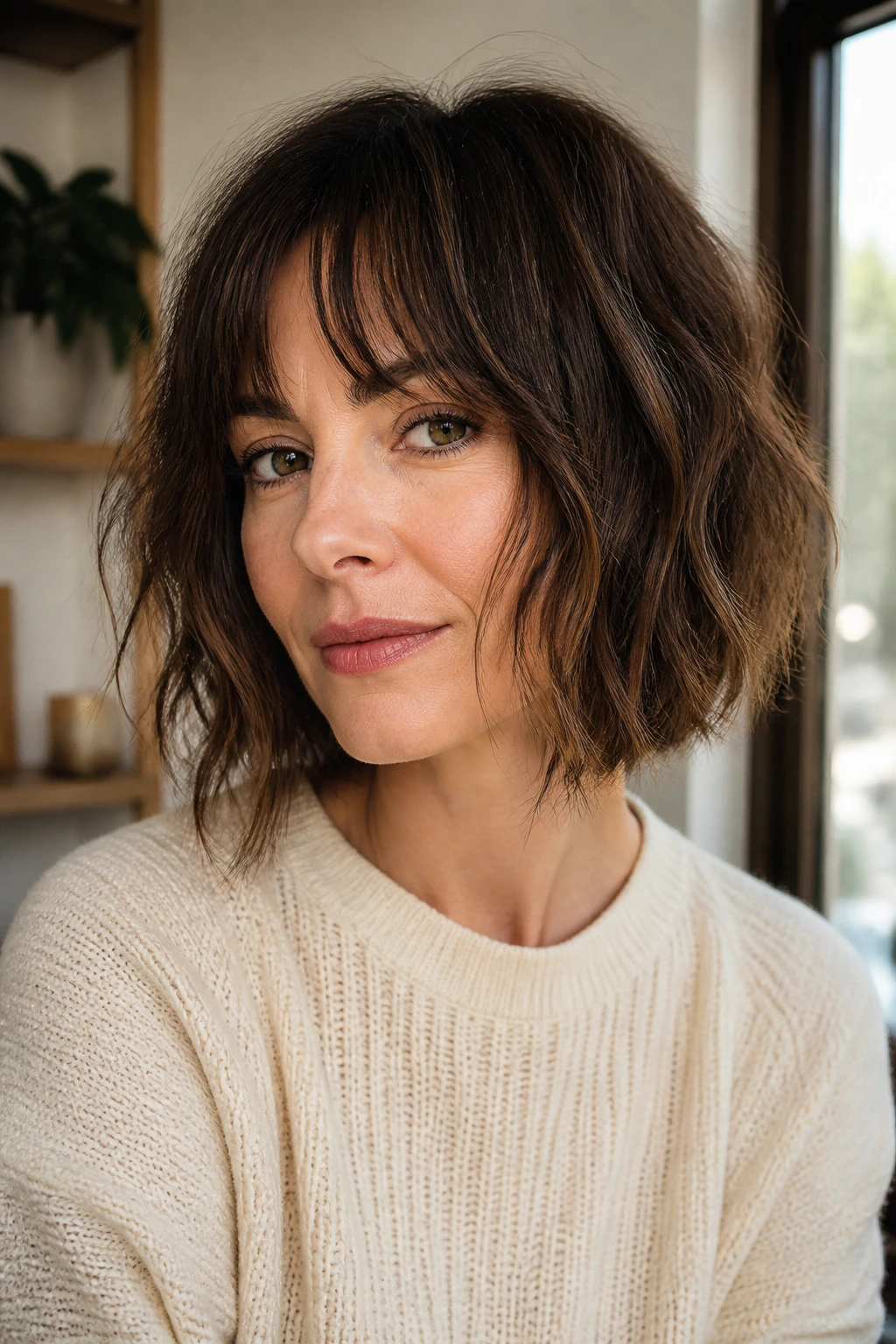 Close-up of a real woman with a choppy bob and bottleneck fringe, textured waves.