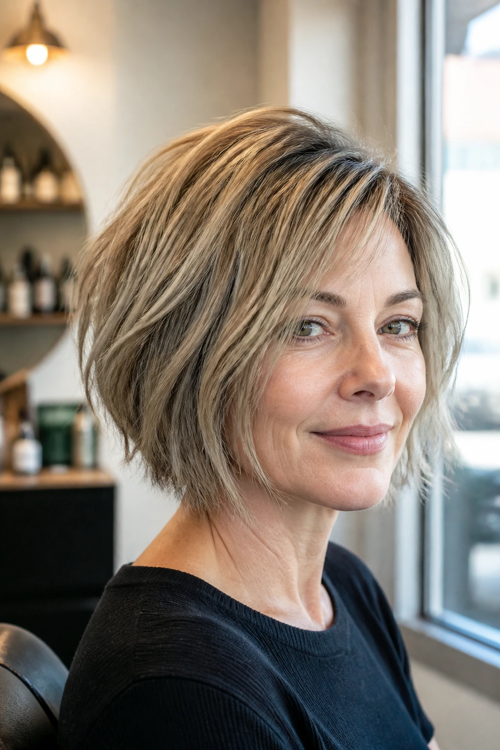 Portrait of a real woman with a choppy bob and hidden crown lift showing crown lift
