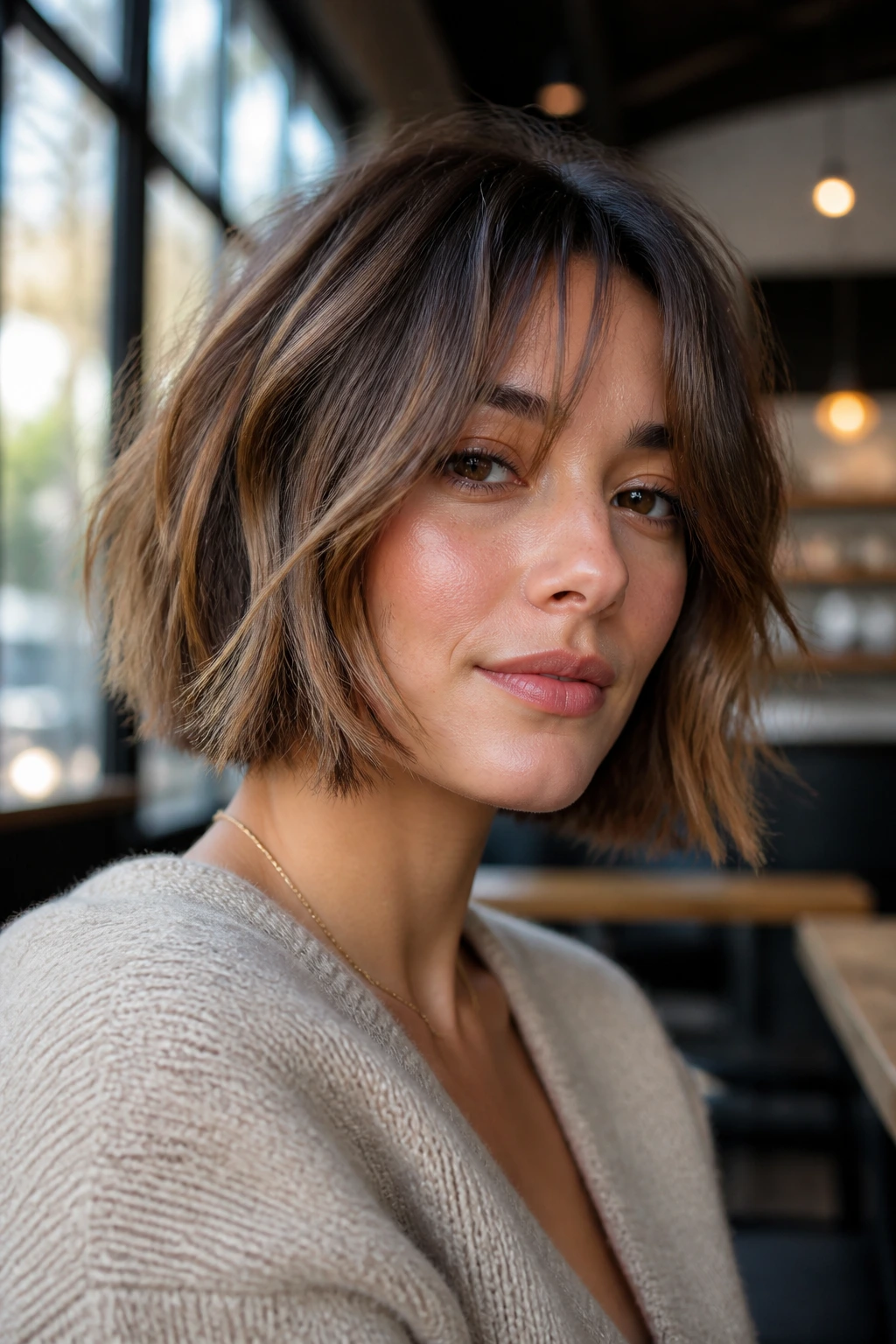 Close-up of a real woman with curtain bangs blended into a choppy bob in a cafe setting.