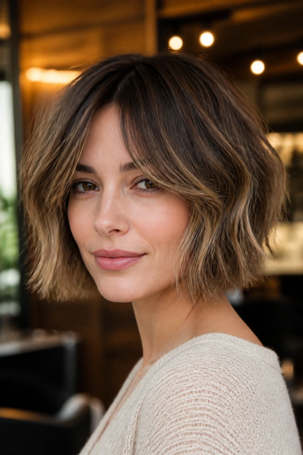 Close-up portrait of a woman wearing a choppy bob with curtain bangs in a warm salon