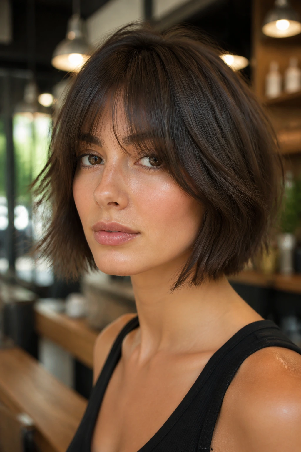 Portrait of a woman with a choppy bob and curtain bangs.