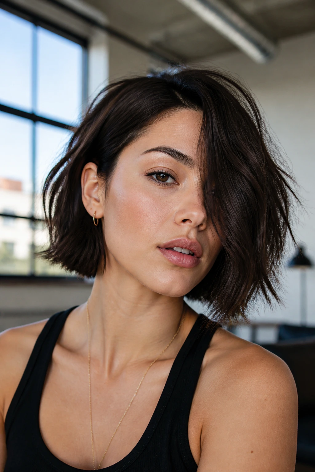 Real person with a choppy bob and deep side part portrait