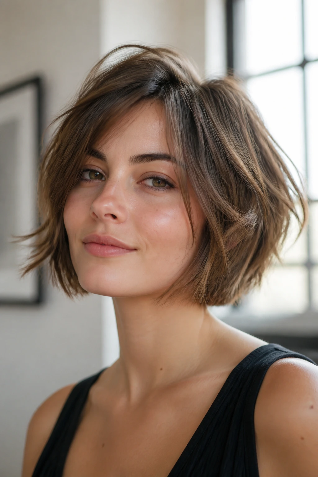 Close-up of real woman with choppy bob for fine hair showing texture in bright studio