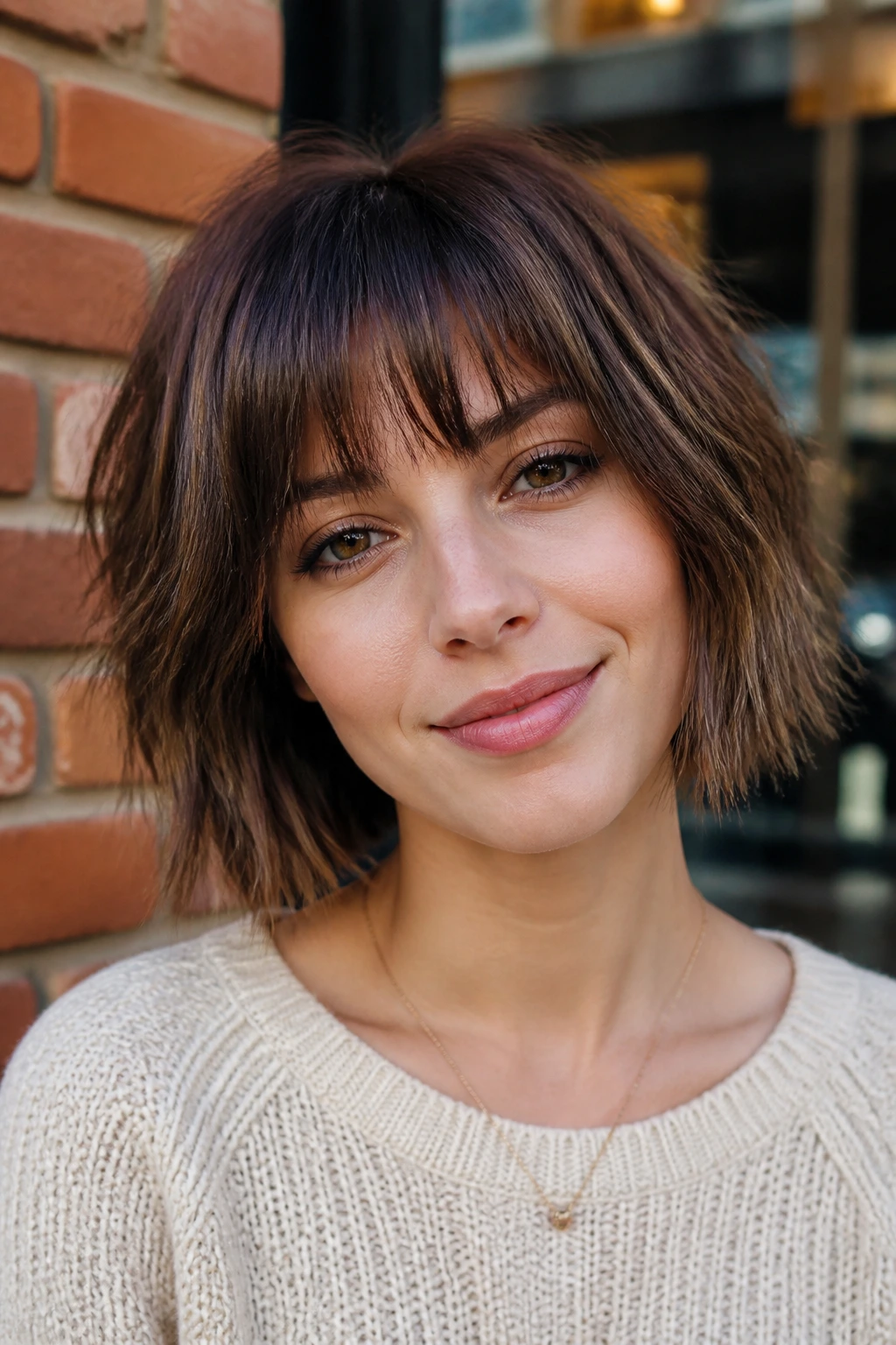 Close-up of a real woman with a choppy bob and soft fringe against a brick cafe backdrop