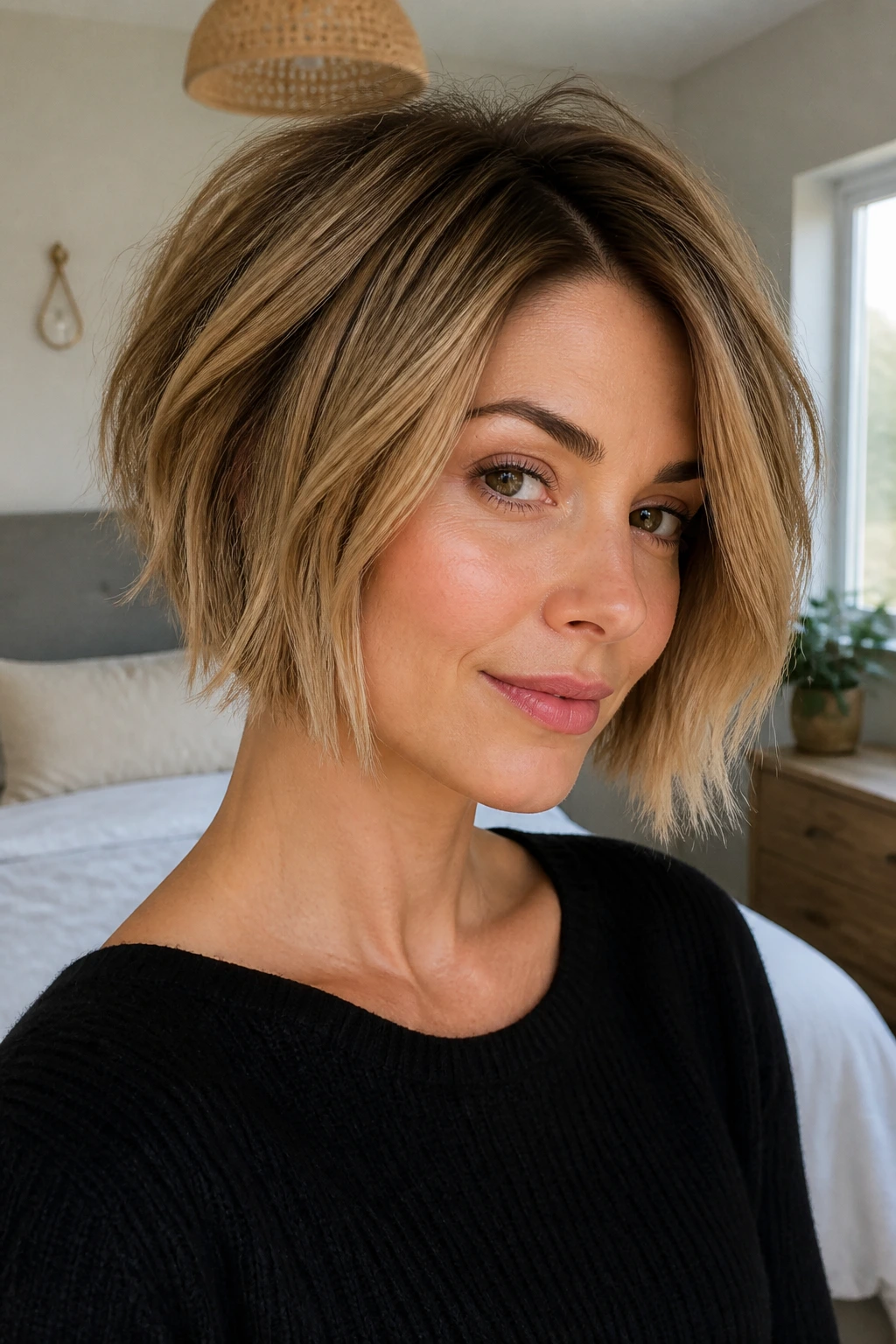 Close-up portrait of a real person with a choppy bob, crown lift and textured ends in natural window light
