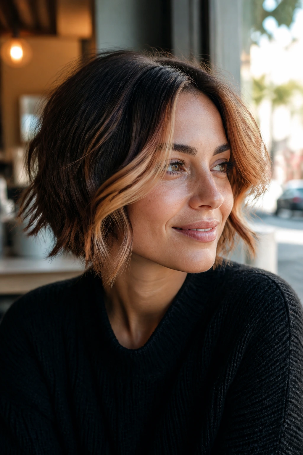 Portrait of a woman with choppy bob and face-framing highlights in bright daylight
