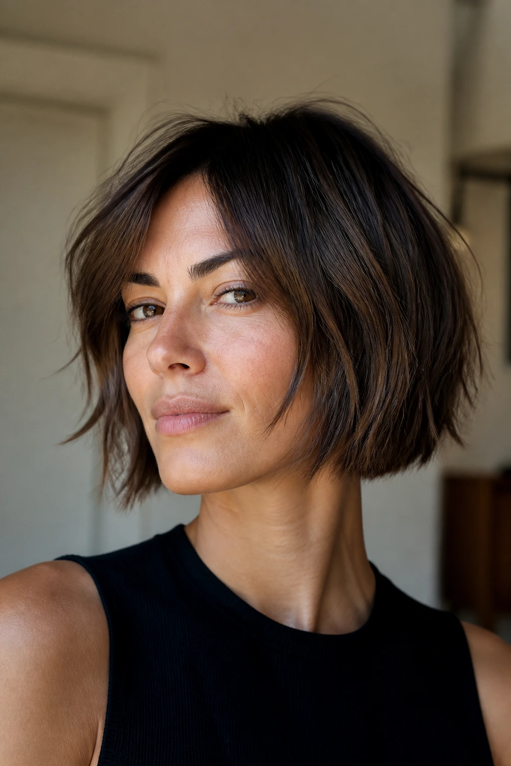 Portrait of real woman with intentional choppy bob texture