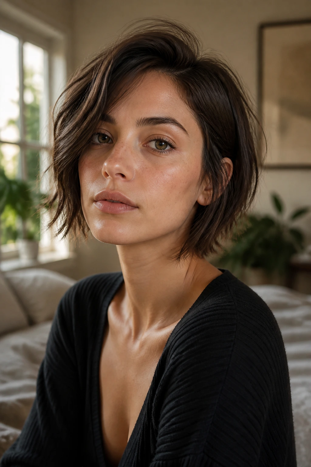 Close-up portrait of a real woman with a choppy bob softening a square jawline in warm window light