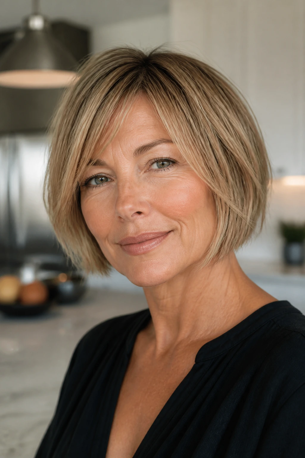 Close-up of a real woman with Choppy Bob with Minimal Layers hairstyle.