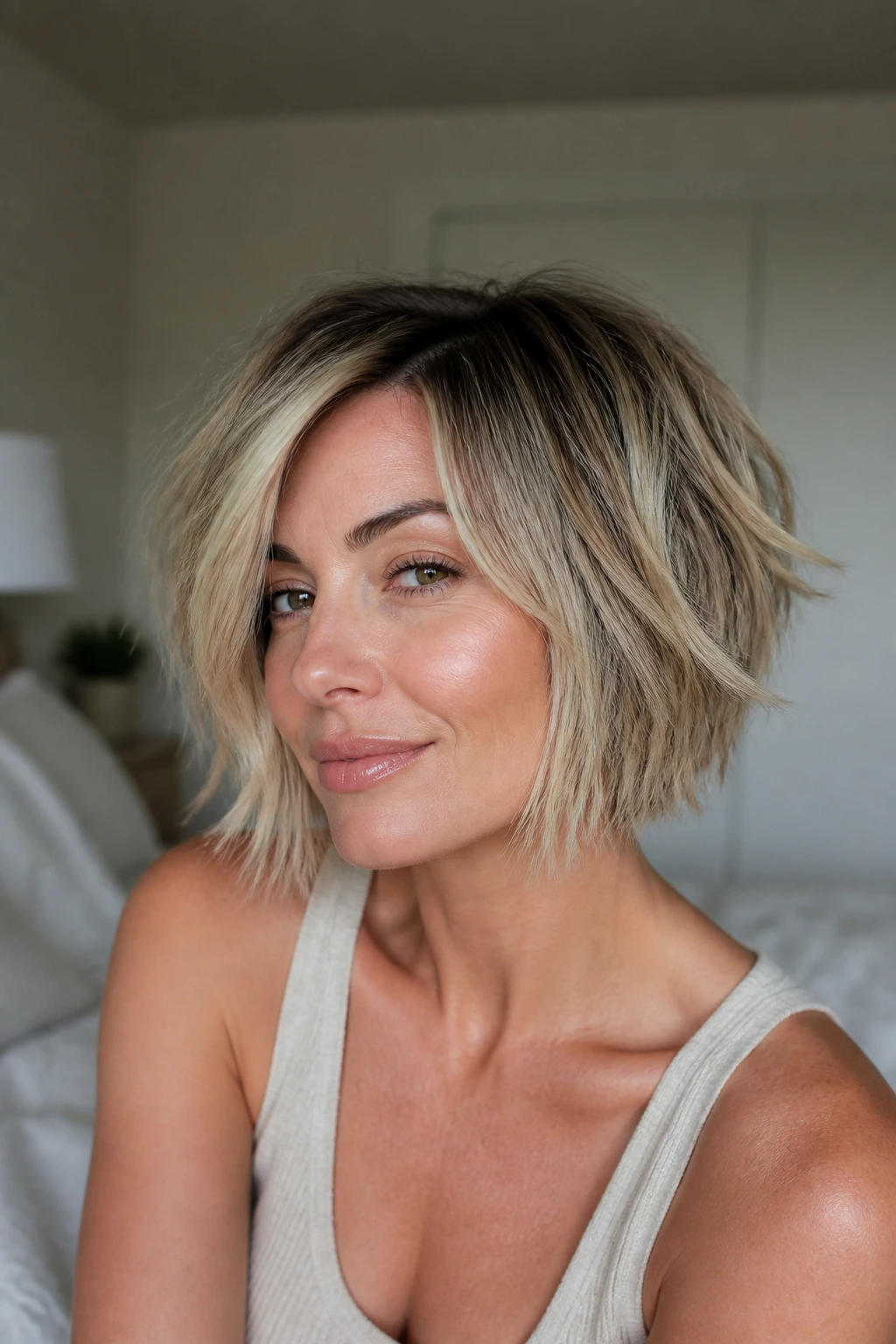 Portrait of a real person with a fresh choppy bob