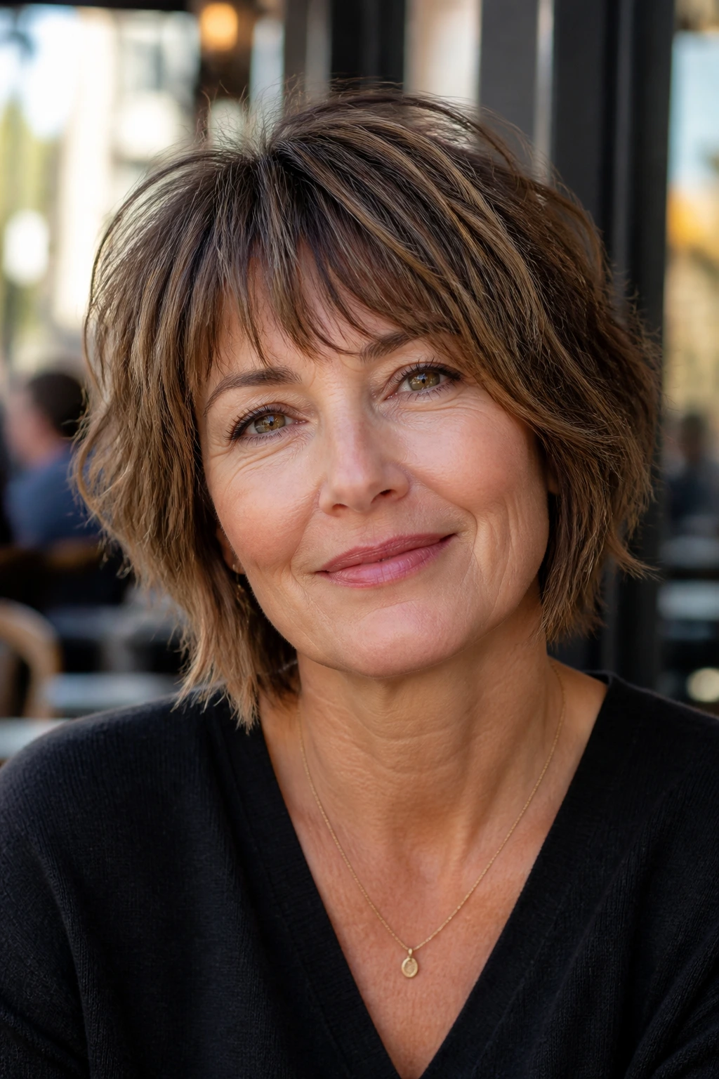 Portrait of a woman with a choppy bob and micro layers in an outdoor cafe