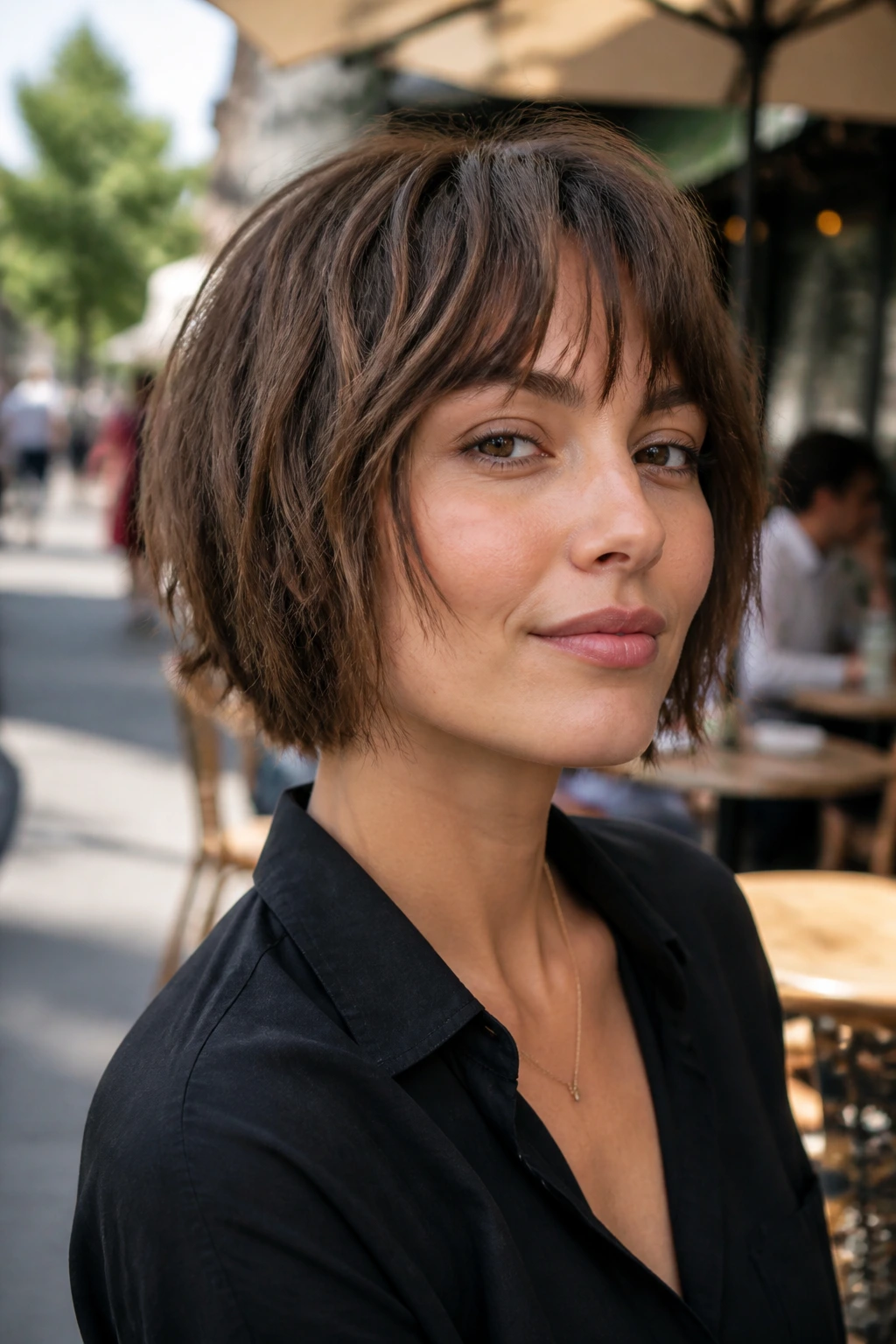 Close-up of a real woman with a choppy bob and micro-layers