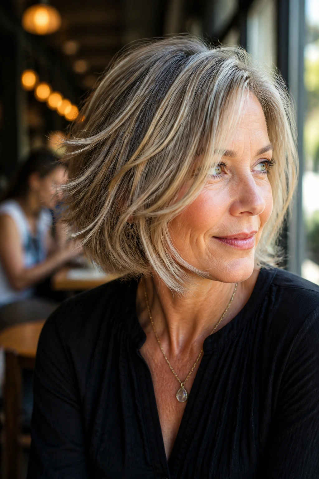Portrait of a real woman with a moving choppy bob in natural cafe light